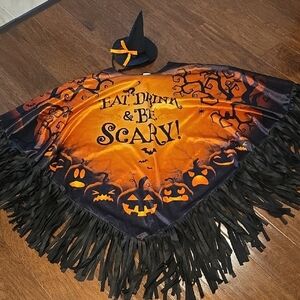 Halloween Costume Poncho With Witch Hat Headband Black & Orange. Fits XS - XL